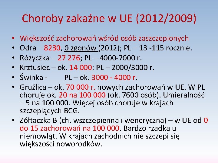 Choroby zakaźne w UE (2012/2009) Większość zachorowań wśród osób zaszczepionych Odra – 8230, 0