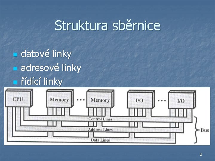 Struktura sběrnice n n n datové linky adresové linky řídící linky 8 
