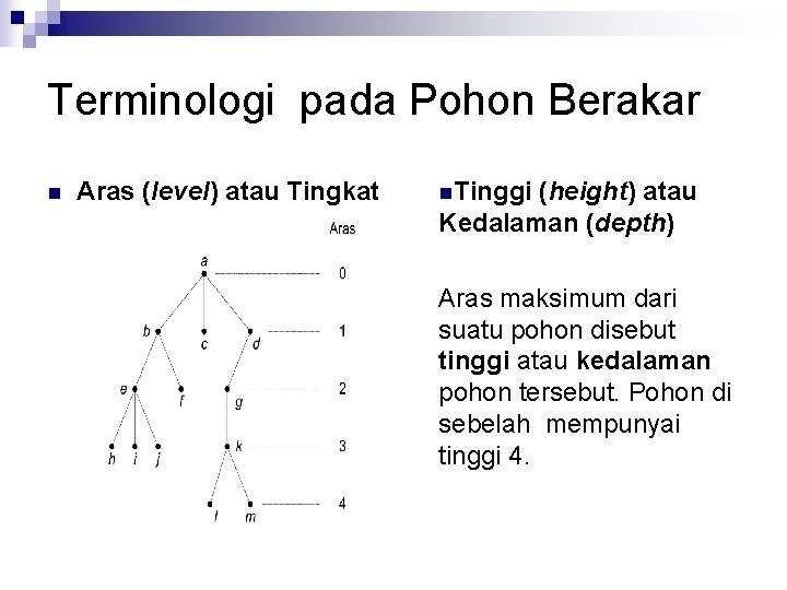 Terminologi pada Pohon Berakar n Aras (level) atau Tingkat n. Tinggi (height) atau Kedalaman