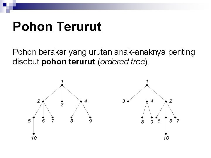 Pohon Terurut Pohon berakar yang urutan anak-anaknya penting disebut pohon terurut (ordered tree). 