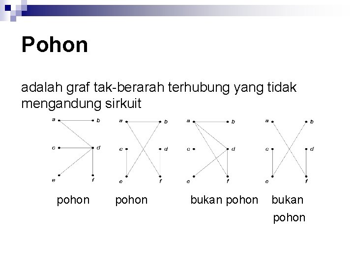 Pohon adalah graf tak-berarah terhubung yang tidak mengandung sirkuit pohon bukan pohon 