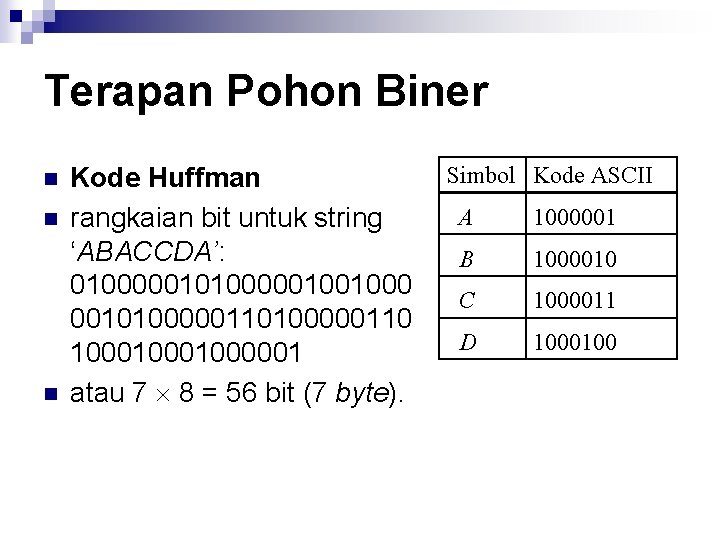 Terapan Pohon Biner n n n Kode Huffman rangkaian bit untuk string ‘ABACCDA’: 01000001001000