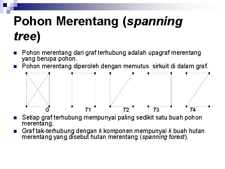 Pohon Merentang (spanning tree) n n Pohon merentang dari graf terhubung adalah upagraf merentang