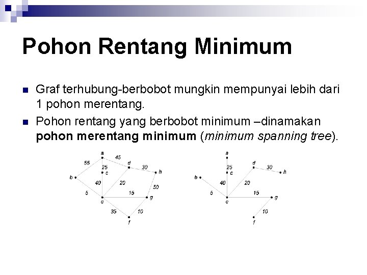 Pohon Rentang Minimum n n Graf terhubung-berbobot mungkin mempunyai lebih dari 1 pohon merentang.