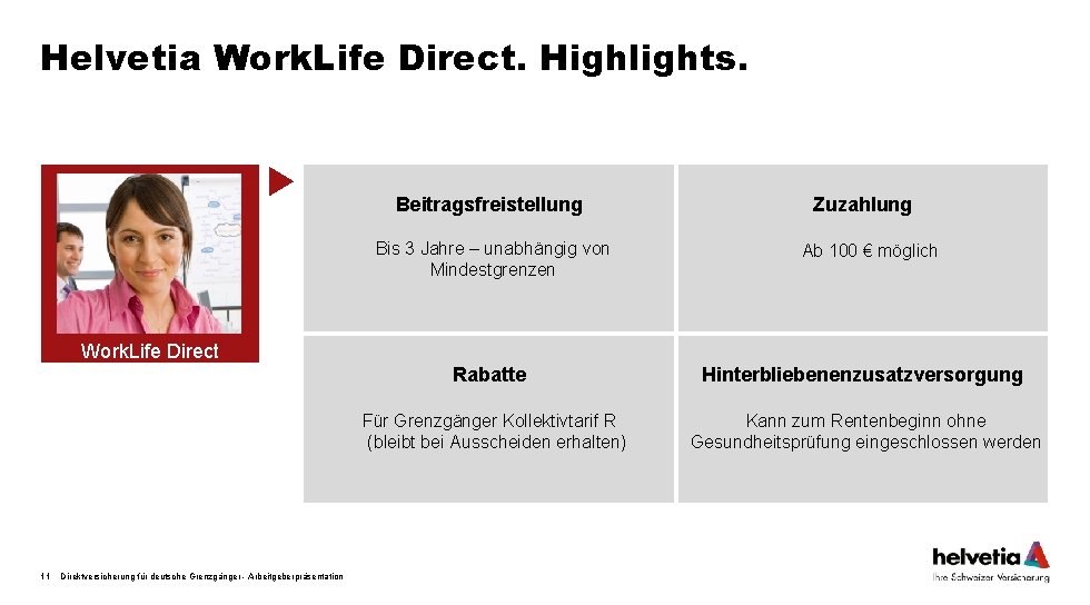 Helvetia Work. Life Direct. Highlights. Beitragsfreistellung Bis 3 Jahre – unabhängig von Mindestgrenzen Zuzahlung
