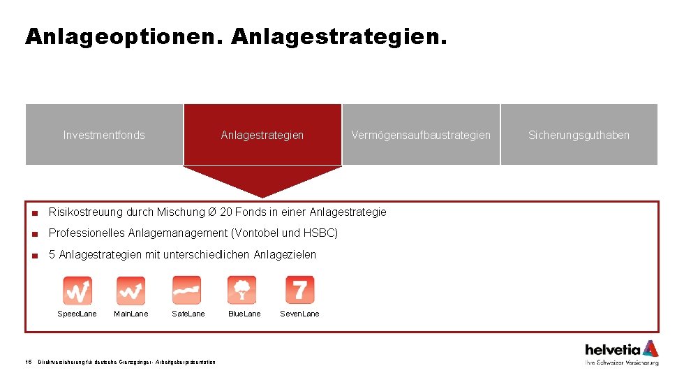 Anlageoptionen. Anlagestrategien. Investmentfonds Anlagestrategien Vermögensaufbaustrategien ■ Risikostreuung durch Mischung Ø 20 Fonds in einer