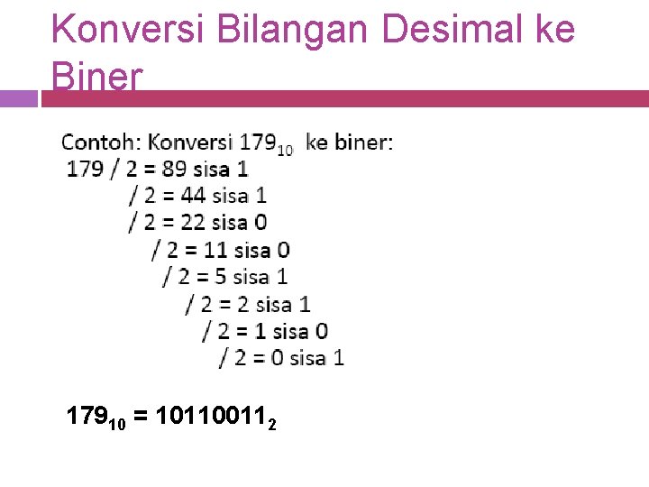 Konversi Bilangan Desimal ke Biner 17910 = 101100112 