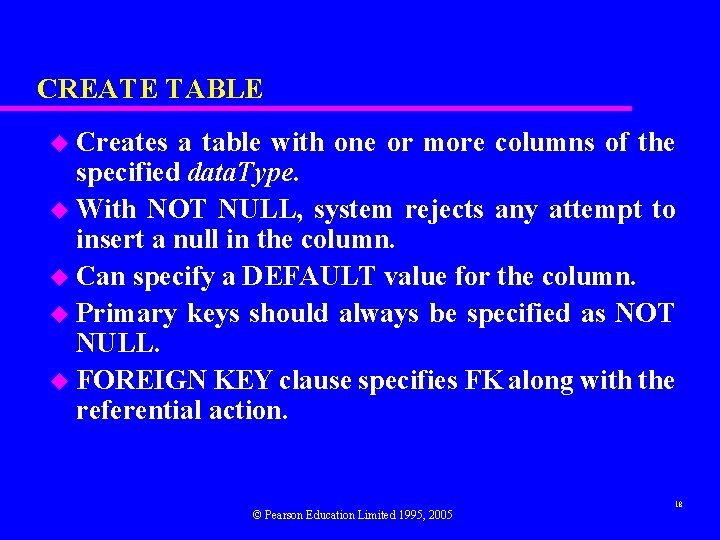 CREATE TABLE u Creates a table with one or more columns of the specified
