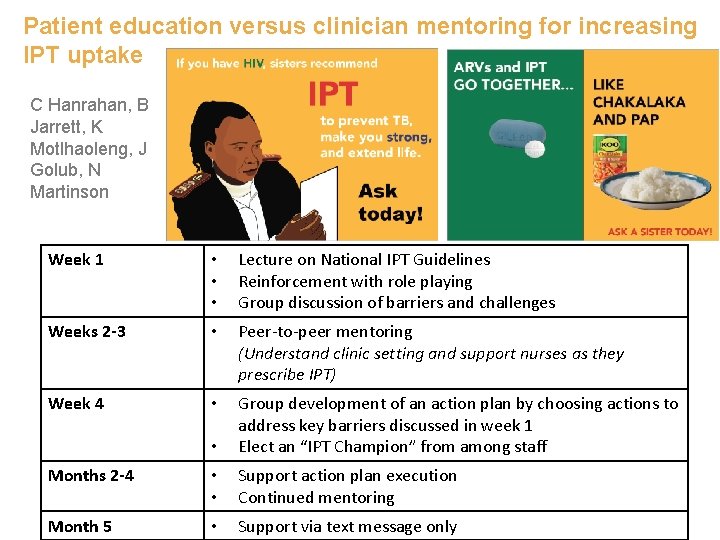 Patient education versus clinician mentoring for increasing IPT uptake C Hanrahan, B Jarrett, K