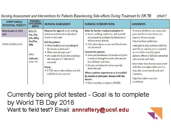 Currently being pilot tested - Goal is to complete by World TB Day 2018