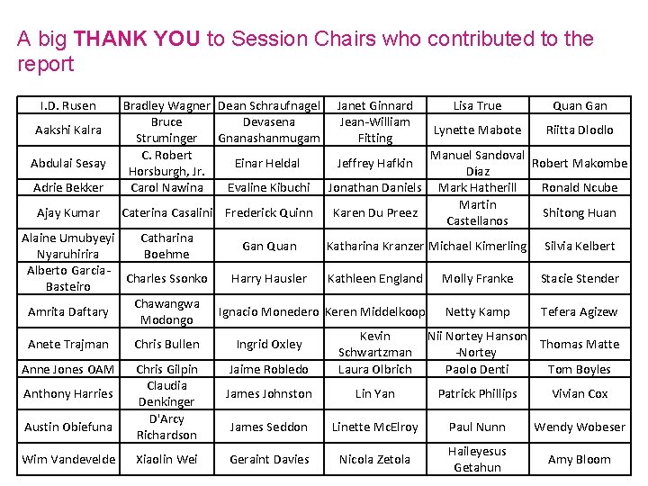 A big THANK YOU to Session Chairs who contributed to the report I. D.