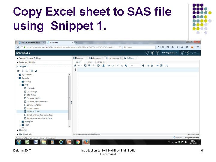 Copy Excel sheet to SAS file using Snippet 1. Outumn 2017 Introduction to SAS