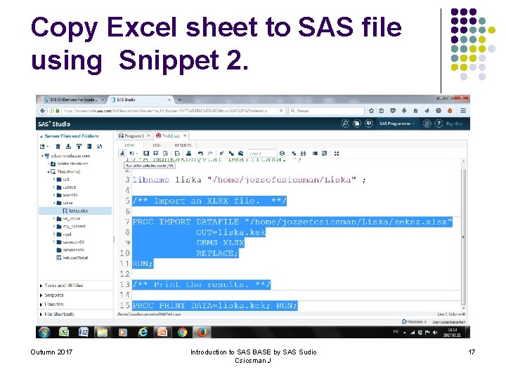 Copy Excel sheet to SAS file using Snippet 2. Outumn 2017 Introduction to SAS