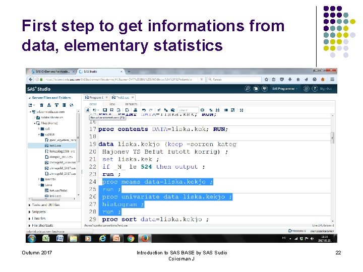 First step to get informations from data, elementary statistics Outumn 2017 Introduction to SAS