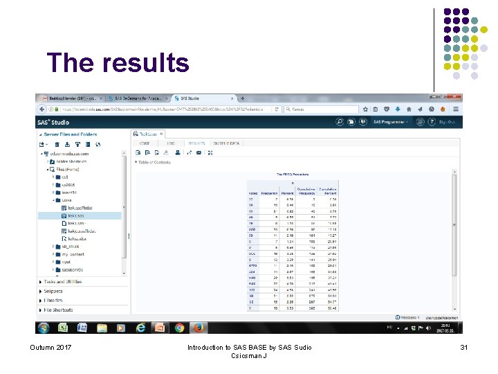 The results Outumn 2017 Introduction to SAS BASE by SAS Sudio Csicsman J 31