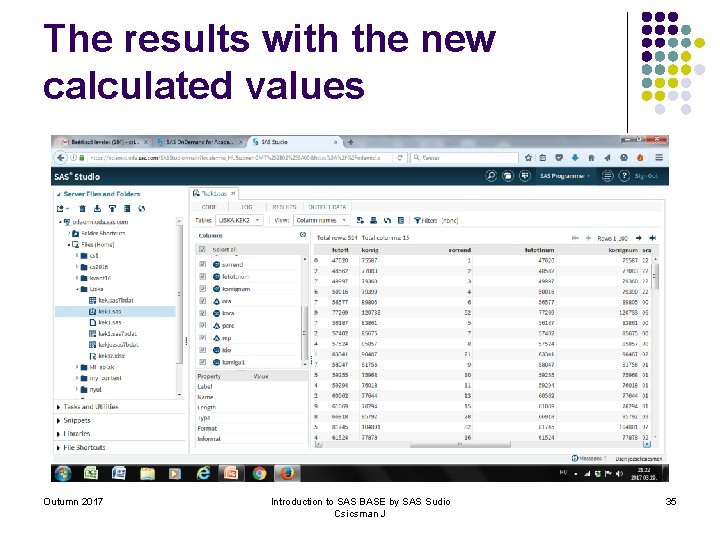 The results with the new calculated values Outumn 2017 Introduction to SAS BASE by