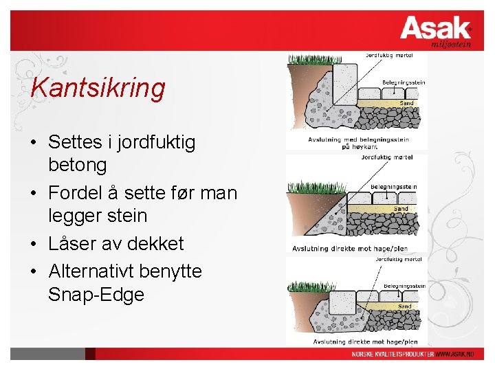 Kantsikring • Settes i jordfuktig betong • Fordel å sette før man legger stein Kantsikring • Settes i jordfuktig betong • Fordel å sette før man legger stein