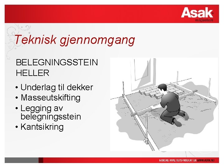 Teknisk gjennomgang BELEGNINGSSTEIN HELLER • Underlag til dekker • Masseutskifting • Legging av belegningsstein Teknisk gjennomgang BELEGNINGSSTEIN HELLER • Underlag til dekker • Masseutskifting • Legging av belegningsstein