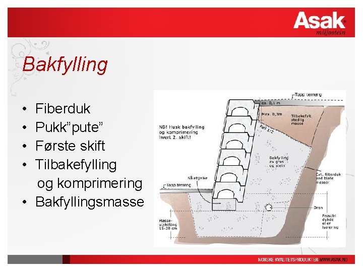 Bakfylling • • Fiberduk Pukk”pute” Første skift Tilbakefylling og komprimering • Bakfyllingsmasse Bakfylling • • Fiberduk Pukk”pute” Første skift Tilbakefylling og komprimering • Bakfyllingsmasse