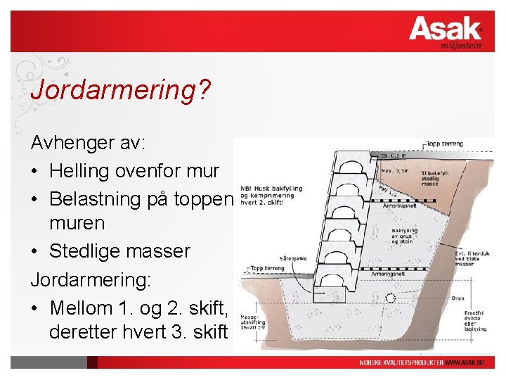Jordarmering? Avhenger av: • Helling ovenfor mur • Belastning på toppen av muren • Jordarmering? Avhenger av: • Helling ovenfor mur • Belastning på toppen av muren •