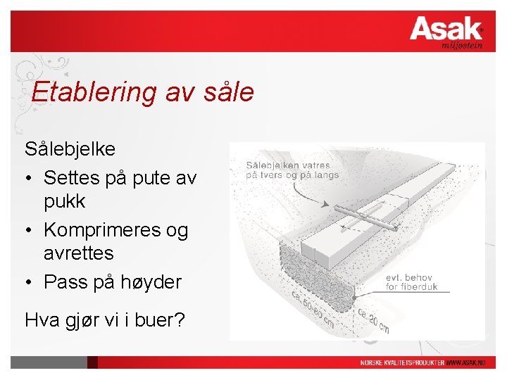 Etablering av såle Sålebjelke • Settes på pute av pukk • Komprimeres og avrettes Etablering av såle Sålebjelke • Settes på pute av pukk • Komprimeres og avrettes