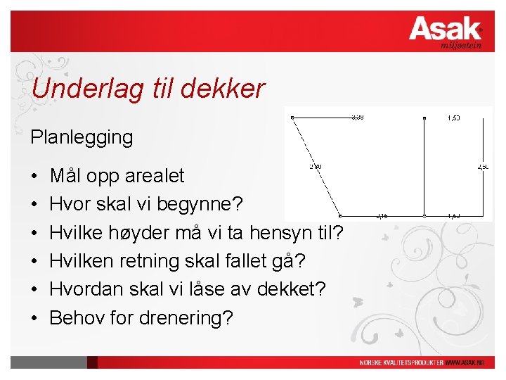 Underlag til dekker Planlegging • • • Mål opp arealet Hvor skal vi begynne? Underlag til dekker Planlegging • • • Mål opp arealet Hvor skal vi begynne?