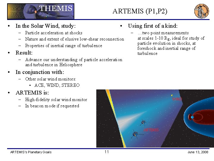 ARTEMIS (P 1, P 2) • In the Solar Wind, study: • Using first