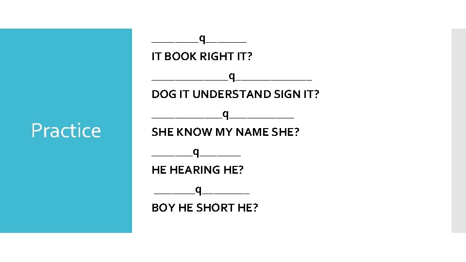 ____q_______ IT BOOK RIGHT IT? _______q_______ DOG IT UNDERSTAND SIGN IT? Practice ______q______ SHE