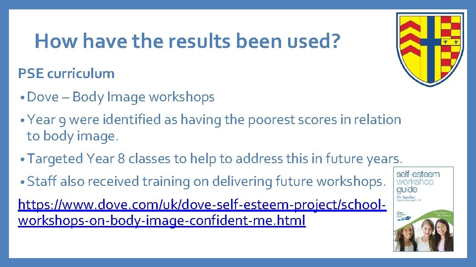 How have the results been used? PSE curriculum • Dove – Body Image workshops