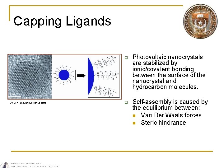 Capping Ligands q By Doh, Lee, unpublished data q Photovoltaic nanocrystals are stabilized by