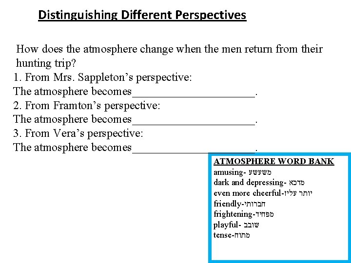 Distinguishing Different Perspectives How does the atmosphere change when the men return from their