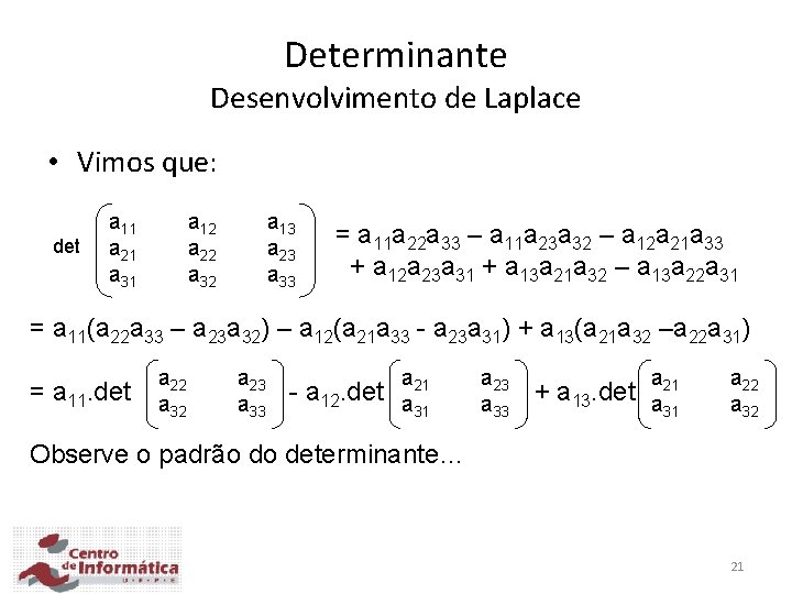 Determinante Desenvolvimento de Laplace • Vimos que: det a 11 a 21 a 31