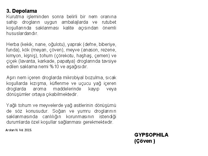 3. Depolama Kurutma işleminden sonra belirli bir nem oranına sahip drogların uygun ambalajlarda ve