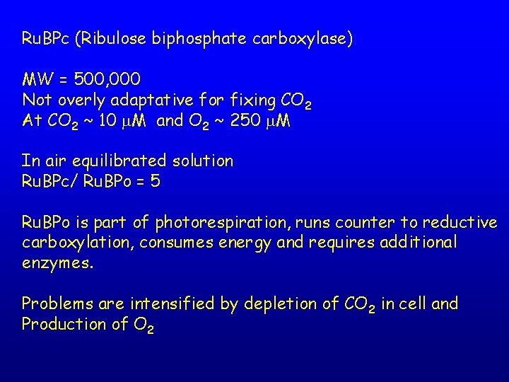 Ru. BPc (Ribulose biphosphate carboxylase) MW = 500, 000 Not overly adaptative for fixing