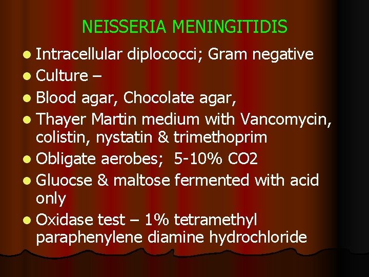 NEISSERIA MENINGITIDIS l Intracellular l Culture diplococci; Gram negative – l Blood agar, Chocolate NEISSERIA MENINGITIDIS l Intracellular l Culture diplococci; Gram negative – l Blood agar, Chocolate