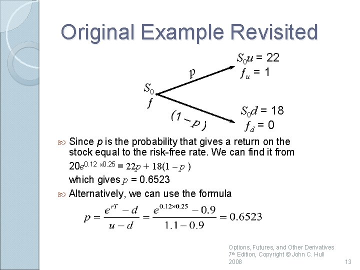 Original Example Revisited p S 0 ƒ (1 – p) S 0 u =