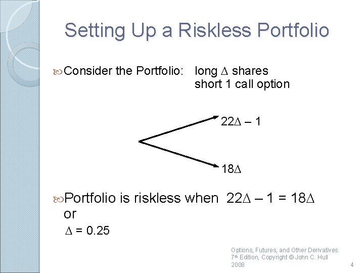 Setting Up a Riskless Portfolio Consider the Portfolio: long D shares short 1 call