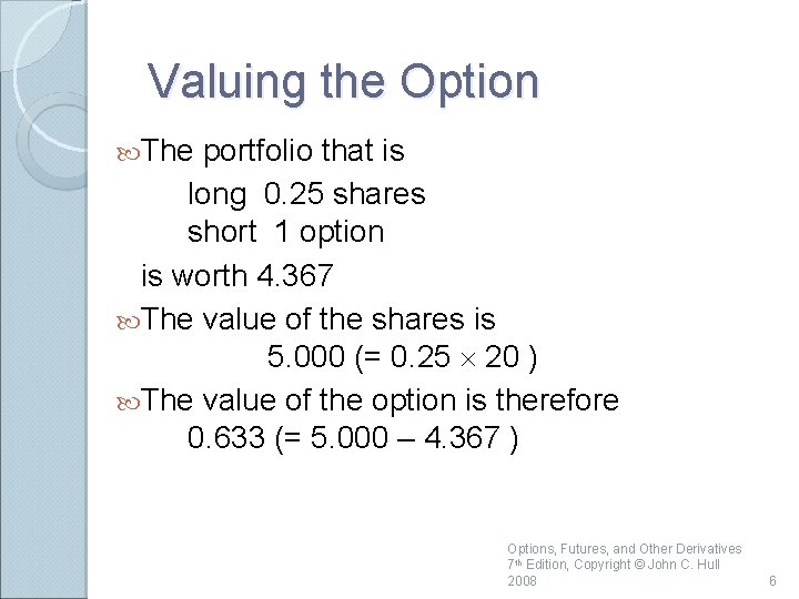 Valuing the Option The portfolio that is long 0. 25 shares short 1 option