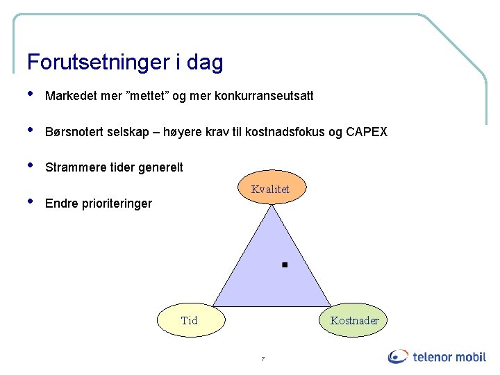 Forutsetninger i dag • Markedet mer ”mettet” og mer konkurranseutsatt • Børsnotert selskap –