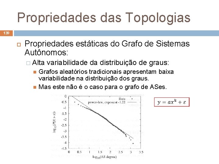 Propriedades das Topologias 139 Propriedades estáticas do Grafo de Sistemas Autônomos: � Alta variabilidade