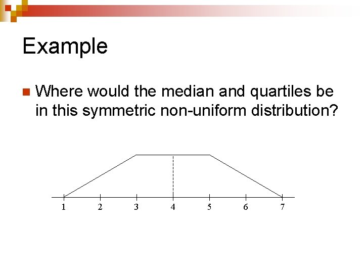 Example n Where would the median and quartiles be in this symmetric non-uniform distribution?