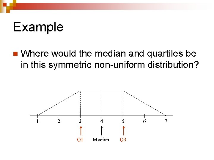 Example n Where would the median and quartiles be in this symmetric non-uniform distribution?