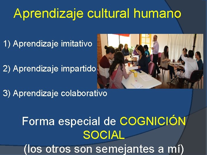 Aprendizaje cultural humano 1) Aprendizaje imitativo 2) Aprendizaje impartido 3) Aprendizaje colaborativo Forma especial