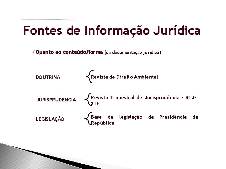 Fontes de Informação Jurídica üQuanto ao conteúdo/forma (da documentação jurídica) DOUTRINA Revista de Direito