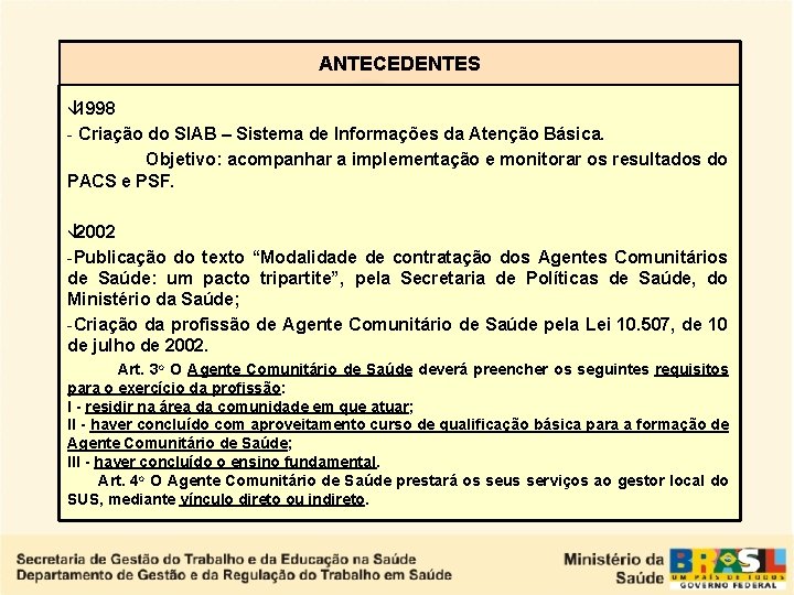 ANTECEDENTES â 1998 - Criação do SIAB – Sistema de Informações da Atenção Básica.