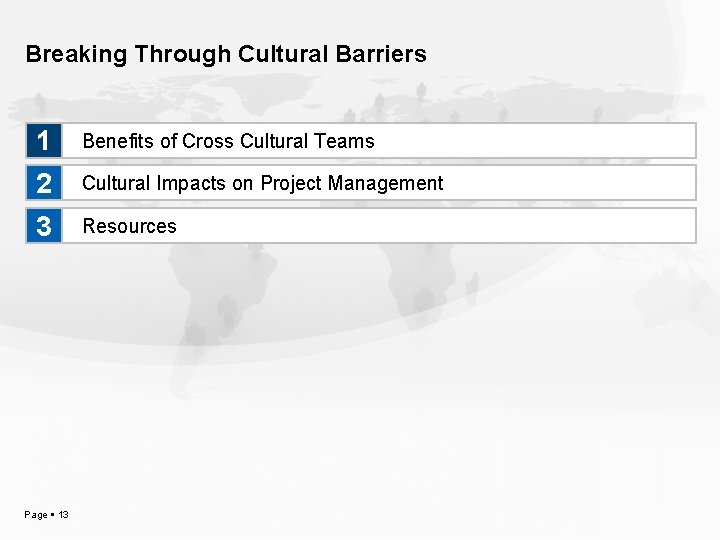 Breaking Through Cultural Barriers 1 Benefits of Cross Cultural Teams 2 Cultural Impacts on
