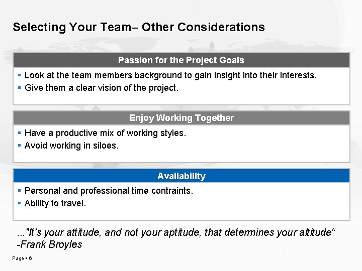 Selecting Your Team Other Considerations Passion for the Project Goals Look at the team