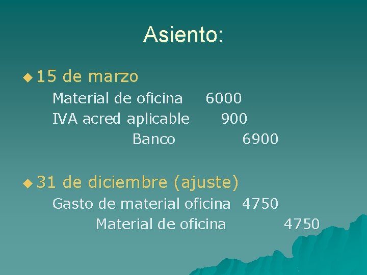 Asiento: u 15 de marzo Material de oficina IVA acred aplicable Banco u 31