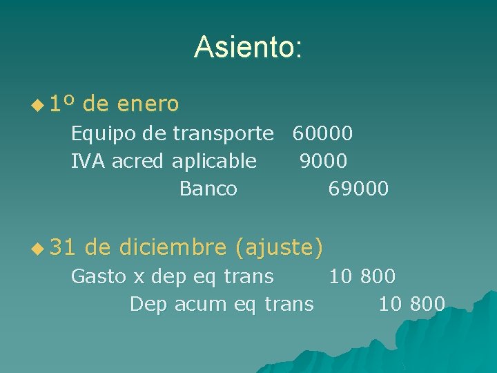 Asiento: u 1º de enero Equipo de transporte 60000 IVA acred aplicable 9000 Banco