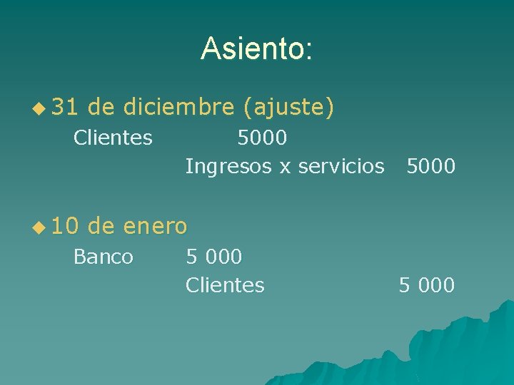 Asiento: u 31 de diciembre (ajuste) Clientes u 10 5000 Ingresos x servicios 5000